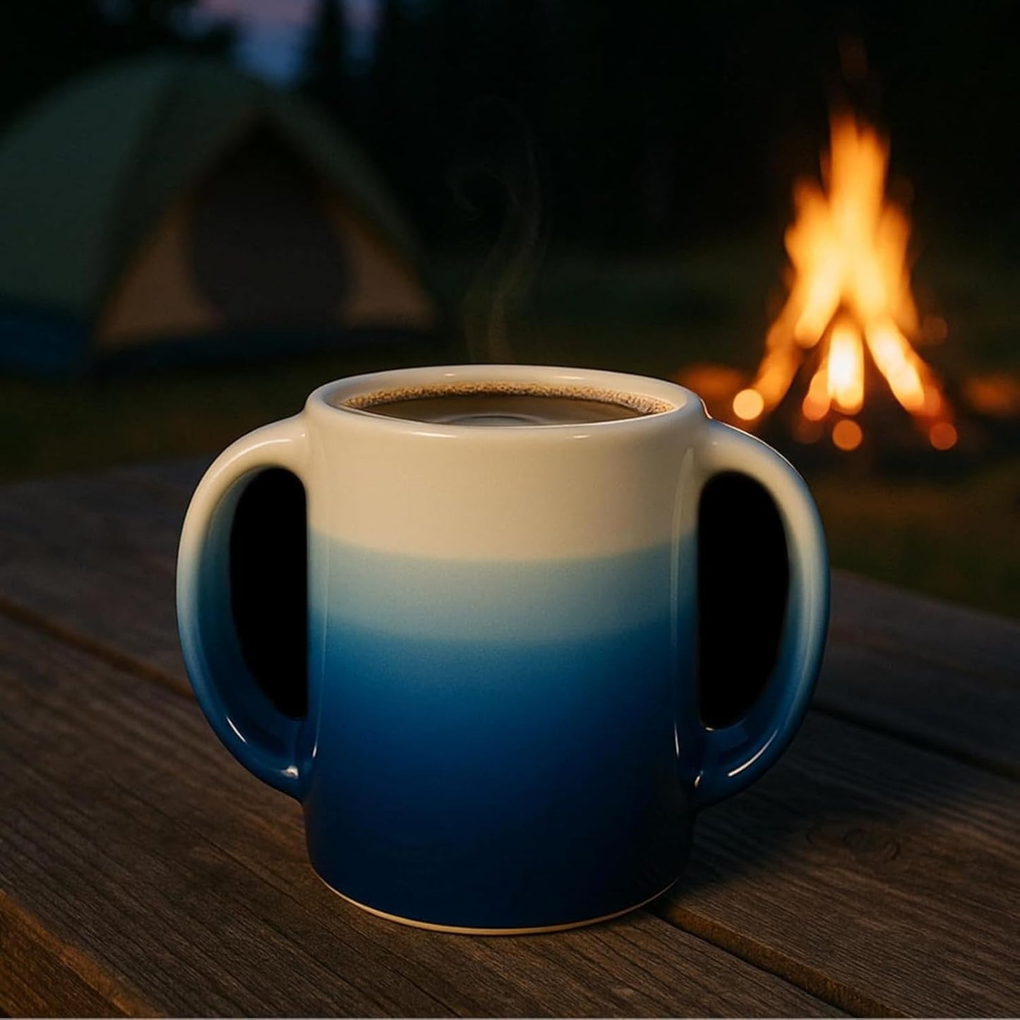 Double Hand Warmer Mug , Handmade Pottery - HandWarmer Contoured Pockets Both Hands will Hold Warmth From The Heat Of Your Drink To Keep Your Fingers Warm, Comfy Blue - Winter Stocking Stuffer Gift