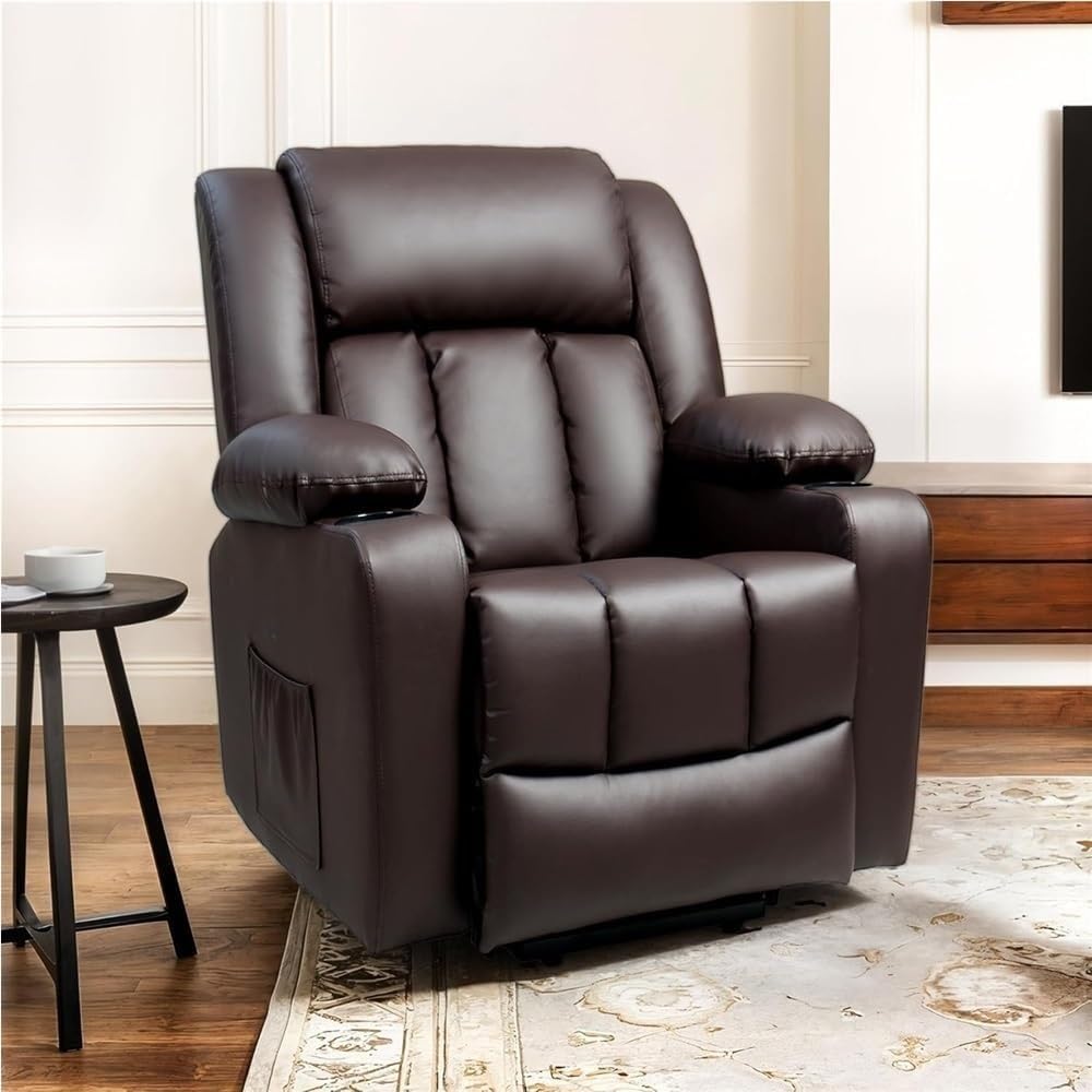 Electric Power Lift Recliner Chair for Seniors with Heat & Massage, Ergonomic PU Leather Sofa Recliner with Cup Holders, Side Pockets, Adjustable Back & Footrest for Living Room Comfort