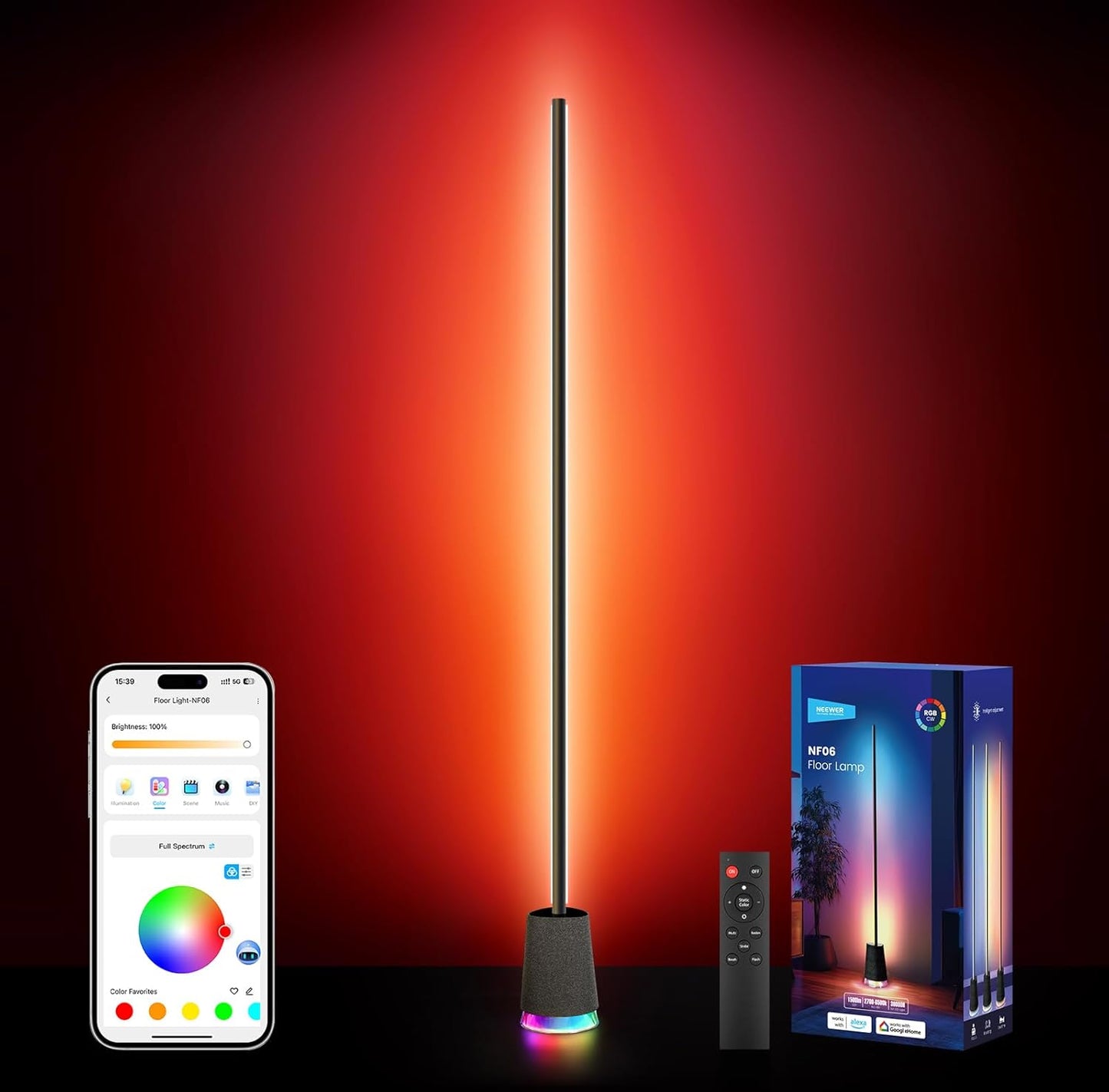 NEEWER NF06 Smart LED Floor Lamp, 1500lm RGBCW Standing Corner Light, Compatible with Google Assistant Alexa, APP/AI Design/Music Sync/16 Million Color Ambient Lighting, Living Room Bedroom Home Decor