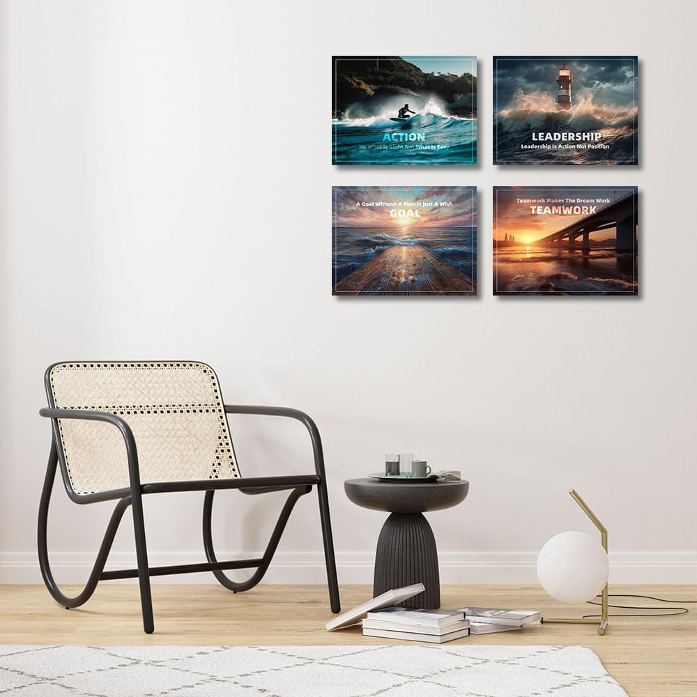 Inspirational Quotes Canvas Art, Motivational Decor Painting, Landscape - Suitable for Library, Office, Living Room - Tabletop/Hanging, 4-pack (29 x 38 cm) Framed