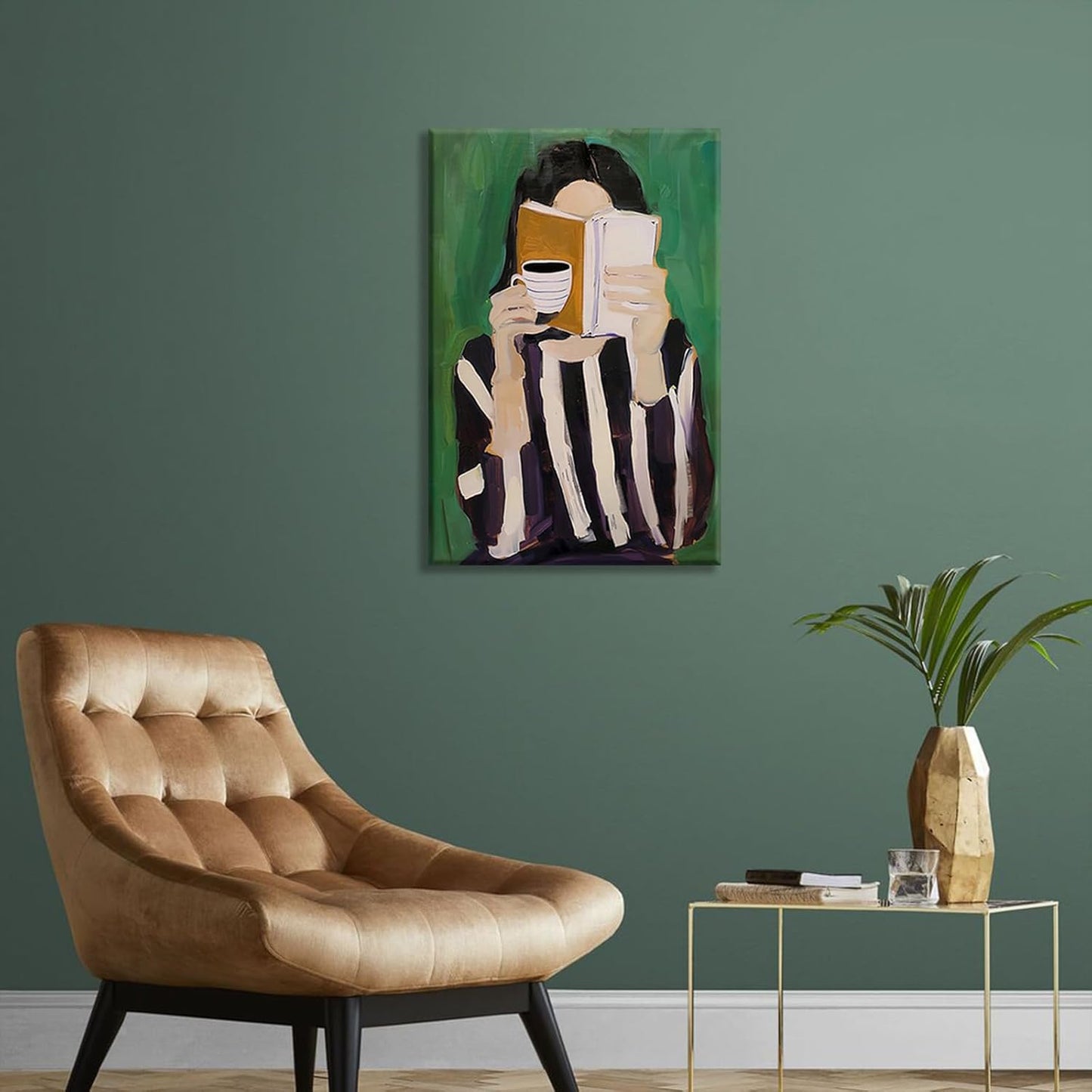 Trendy Women Reading Book Posters Emerald Green Striped Wall Art Abstract Coffee Decor Modern Feminine Canvas Minimalist Woman Pictures Print Aesthetic for Living Room Bedroom House 12x16in Unframed