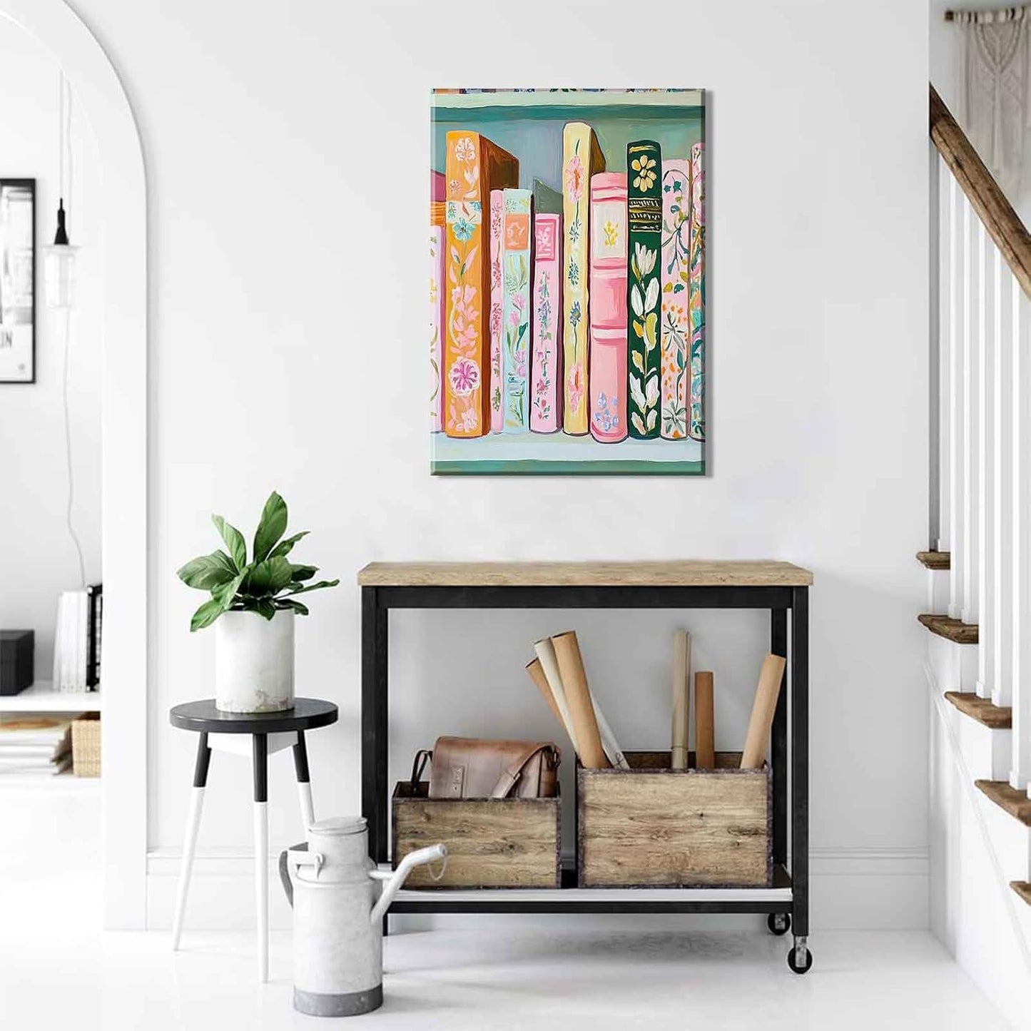 Pastel Book Canvas Wall Art Modern Study Colorful Books Decor Pictures Girl Reading Bookworm Nook Paintings Poster Prints for Home Decoration Classroom Bathroom Bedroom Living Room Decoration
