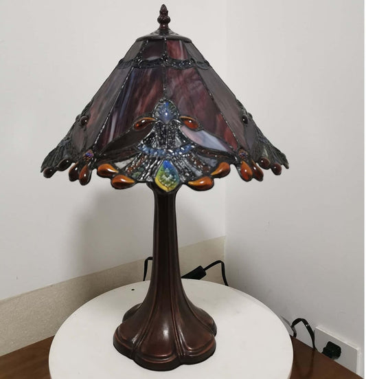 Bieye L10021 Baroque Tiffany Style Stained Glass Table Lamp Night Light with 13 Inches Wide Handmade Lampshade Metal Base for Bedside Bedroom Living Room Decoration, 13" W x 19" H, Red