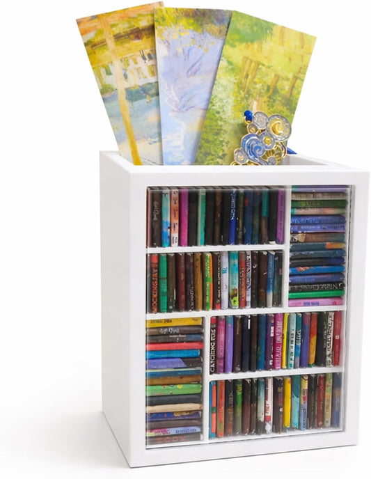 Bookmark Holder Mini Bookshelf for Book Lovers, Decorative Bookmark Display with 100 Mini Books, Small Anxiety Bookshelf, Bookish Gifts and Bookish Items for Reading Nooks (White)
