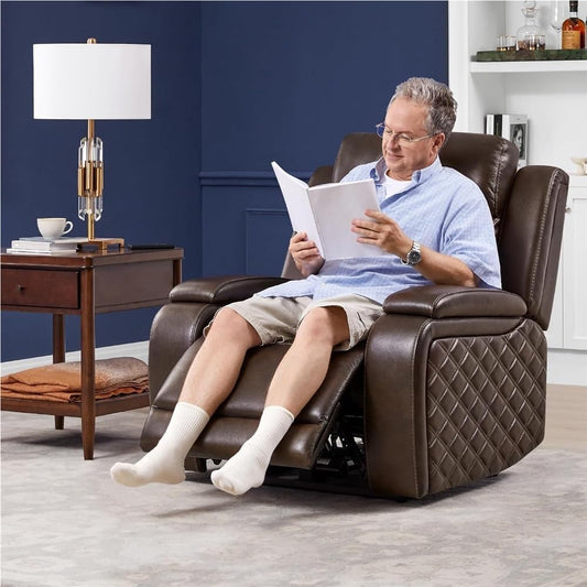 Power Recliner Chair with Hidden Storage, Brown Leather Electric Reclining Sofa for Living Room, Heavy Duty Motorized Armchair Home Theater Seating with USB Port for Adults