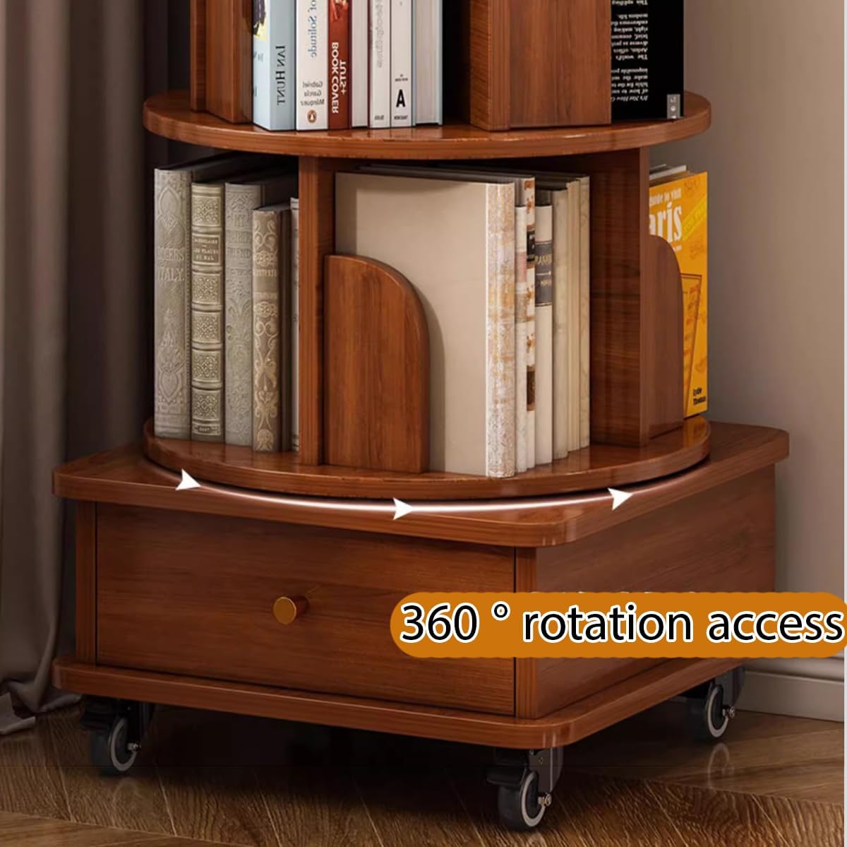 360° Rotating Kids Bookshelf, Stackable Bookcase Tower with Drawer, Adjustable Book Organizer with Brake Wheels for Children's Room, Fun & Functional Storage Solution
