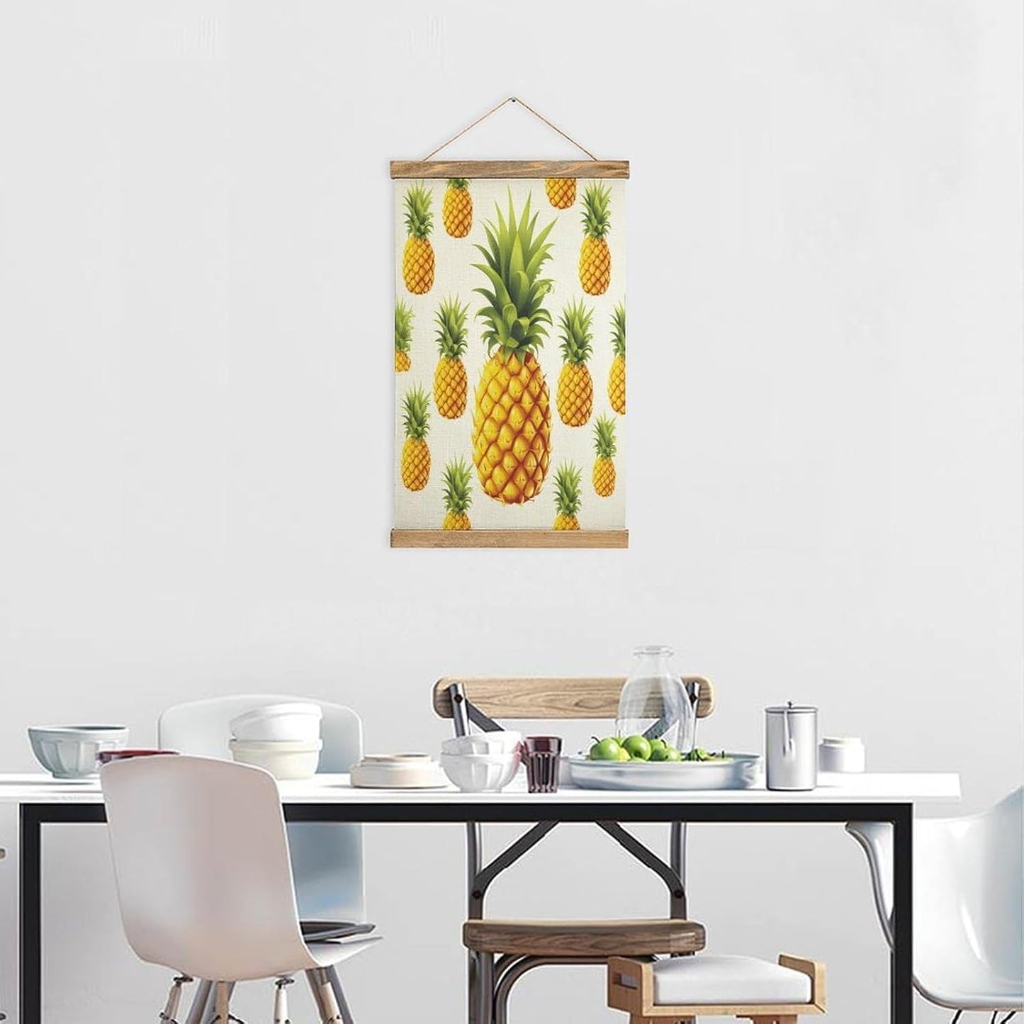 Vintage Yellow Pineapple on White Background Illustration Poster with Wooden Frame Personalized Linen Hanging Scroll Painting Rustic Wall Hanging Illustrative Modern Artwork Decor for Home Living Room