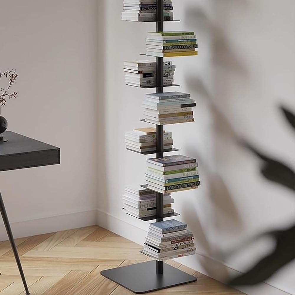 Modern Invisible Bookshelf, 9-Tier Metal Book Tower, DIY Nordic Vertical Storage Rack, Floor-Standing Bookcase for Home Office, Tall White Display Shelf