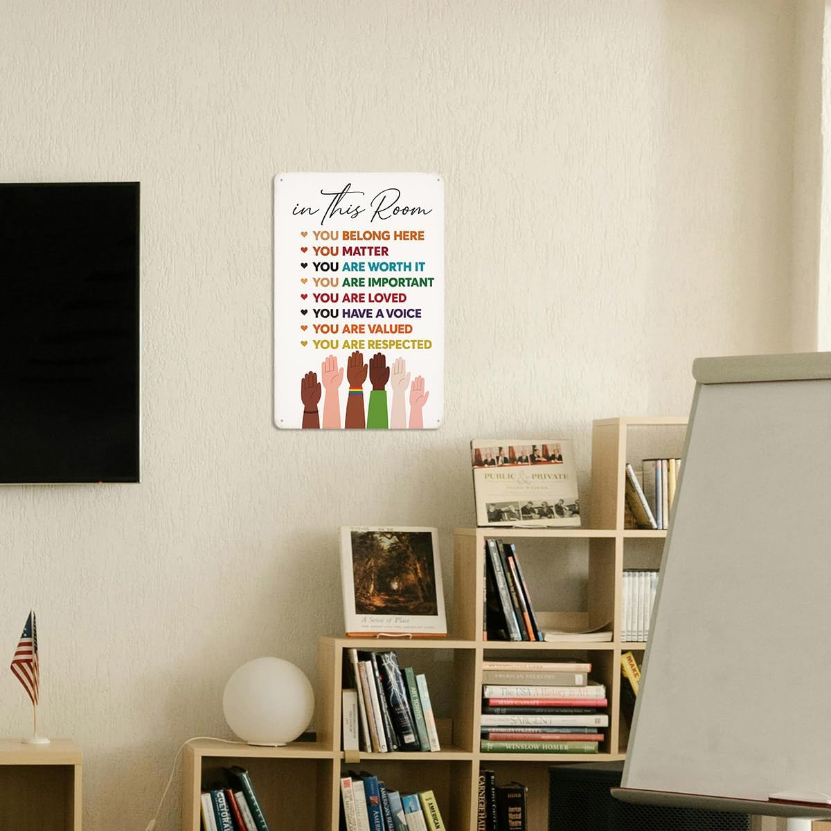 In This Room Metal Tin Sign – Classroom and Office Wall Decor with Inclusive Inspirational Quotes – Motivational Poster for Kids, Teachers, and Home – 8x12 Inch Vintage Style Sign