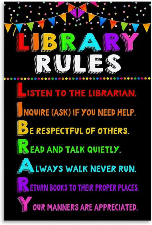 Library Rules Poster Kids Rules Posters Classroom Wall Art Librarian Colorful Poster Education Poster Poster for Room Aesthetic Posters & Prints on Canvas Wall Art Poster for Room 16x24inch(40x60cm)