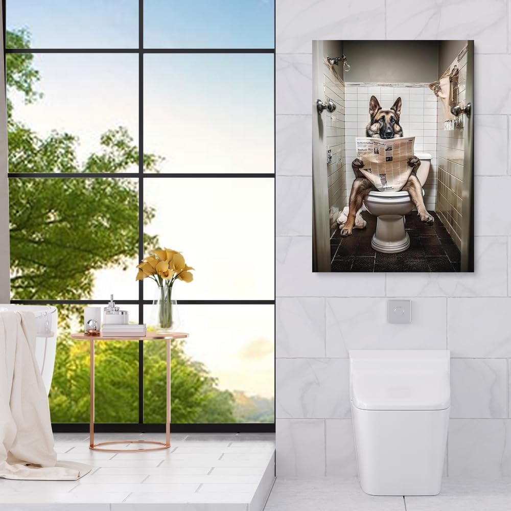 Funny Dog Bathroom Wall Decor German Shepherd Dog On Toilet Reading Newspaper Aesthetic Posters Cute Dog Art Prints Bathroom Art Bathroom Decor Bathroom Pictures Gift for Dog Lovers 16"x24"