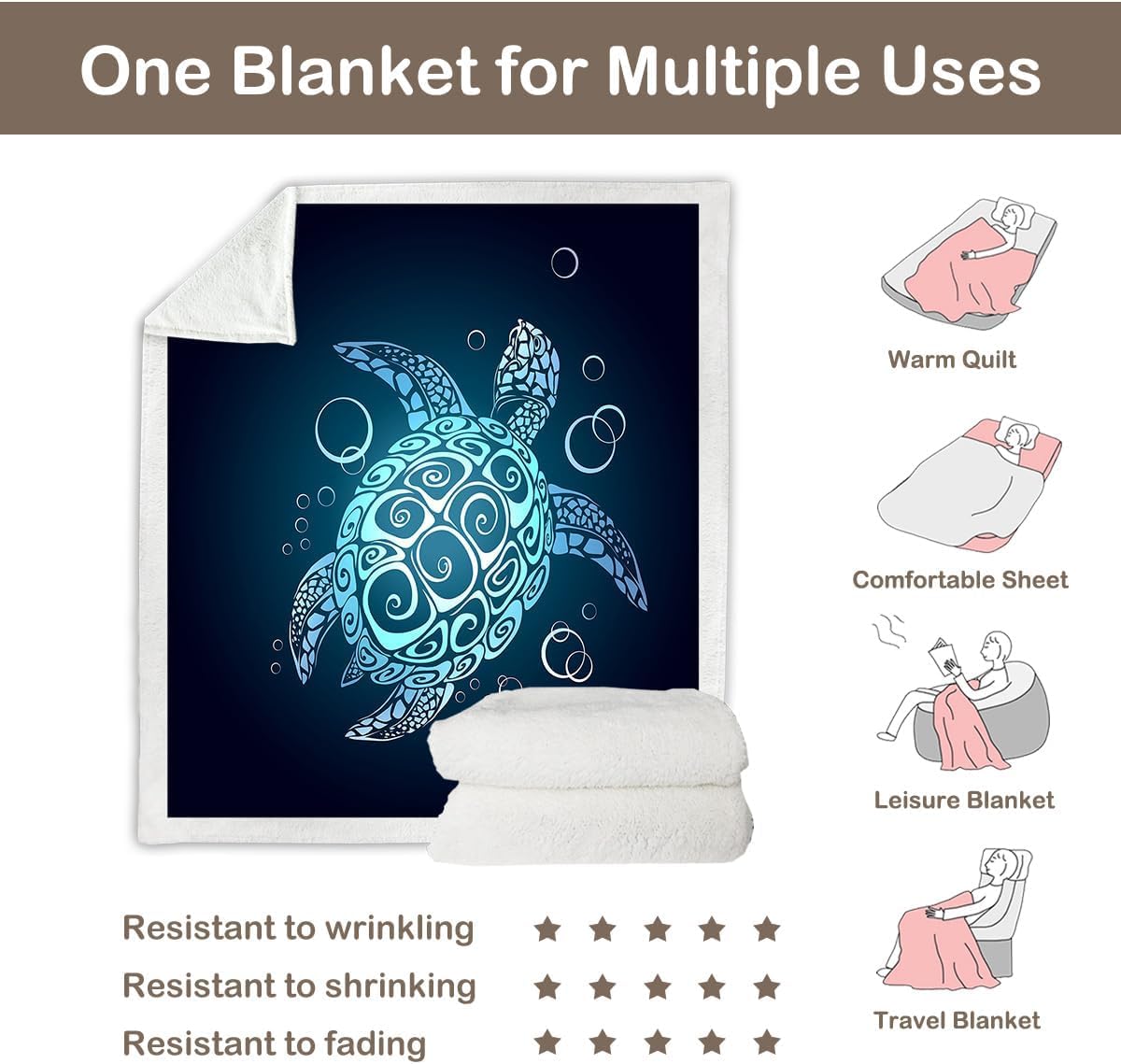 Sleepwish Sea Turtle Fleece Throw Blanket Soft Beach Theme Teal Turquoise Plush Sherpa Blanket for Couch Chair, Sea Turtle Gifts for Women (50" X 60")