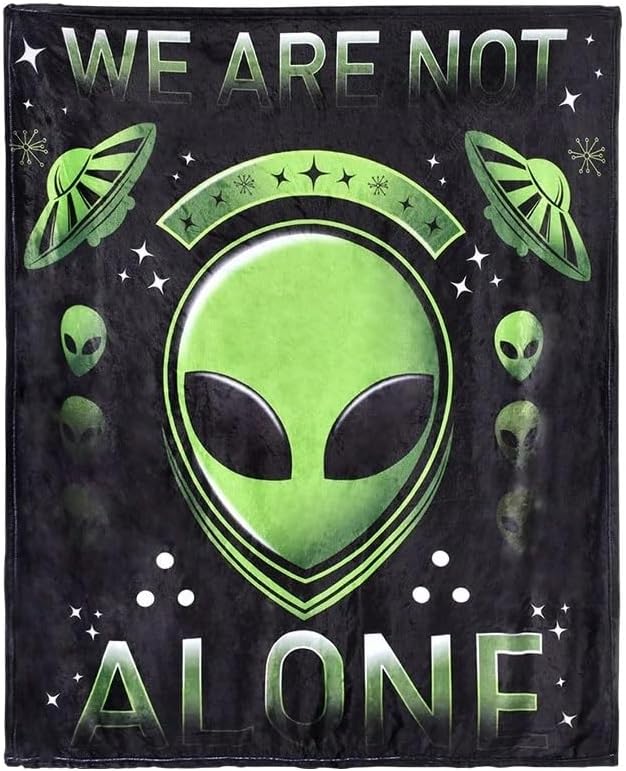 Green and Black Alien Blanket - We are Not Alone (50" X 60") UFO UAP Flying Saucers Stars Roswell Disc. Soft Warm Bedroom Throw Fleece Blanket.
