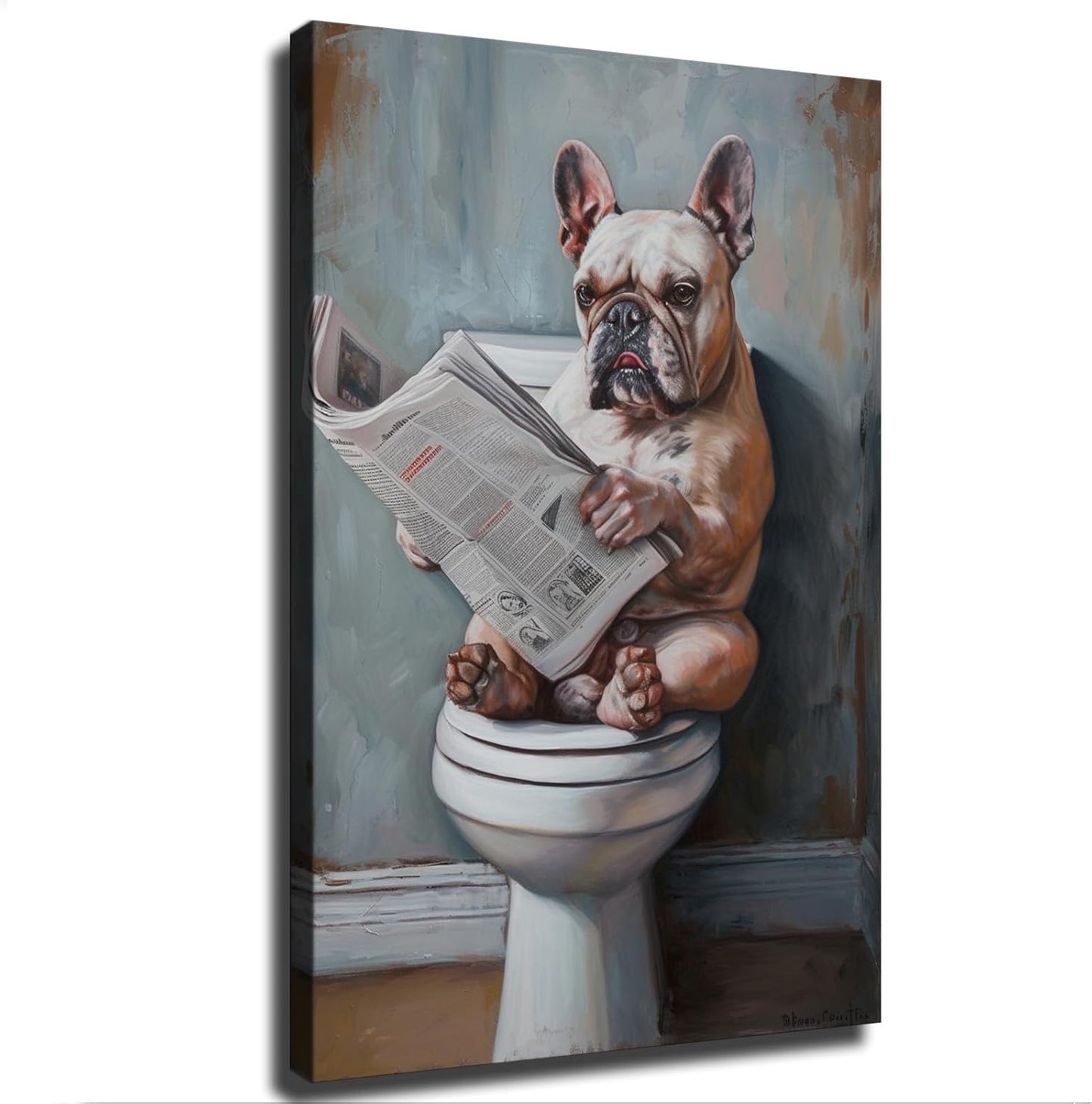 chenmjj Bulldog Sitting on Toilet Reading Newspaper Print Poster Picture HD Print Poster Retro Painted Modern Home Bedroom Room Aesthetic Decoration Canvas Art (08x12inch Unframed)