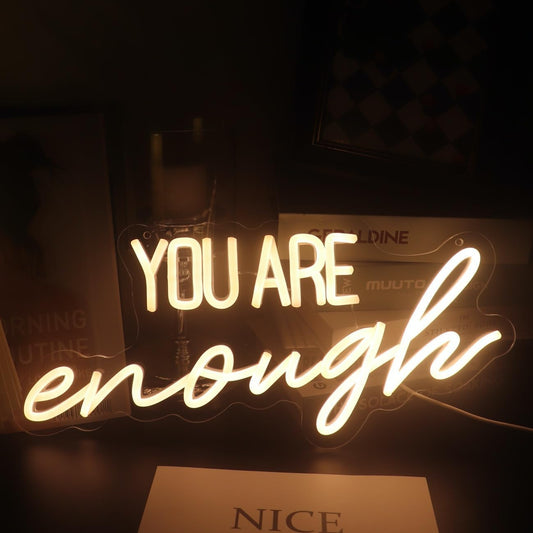 "You Are Enough" Neon Sign Word/Letters USB Powered with Dimmer Switch Neon Lights for Room Home Bar Art Wall Decor Party Window Living Room Decor Wall Hanging Decoration (warm white)
