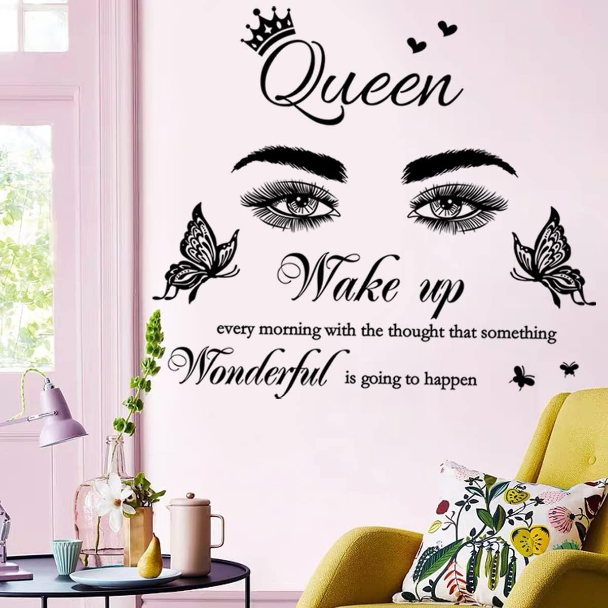 Inspirational Quote Wall Decal Wake up Every Morning with The Thought That Something Wonderful is Going to Happen Vinyl Beauty Eyes Wall Sticker Removable Motivational Art Letters Queen Decals for