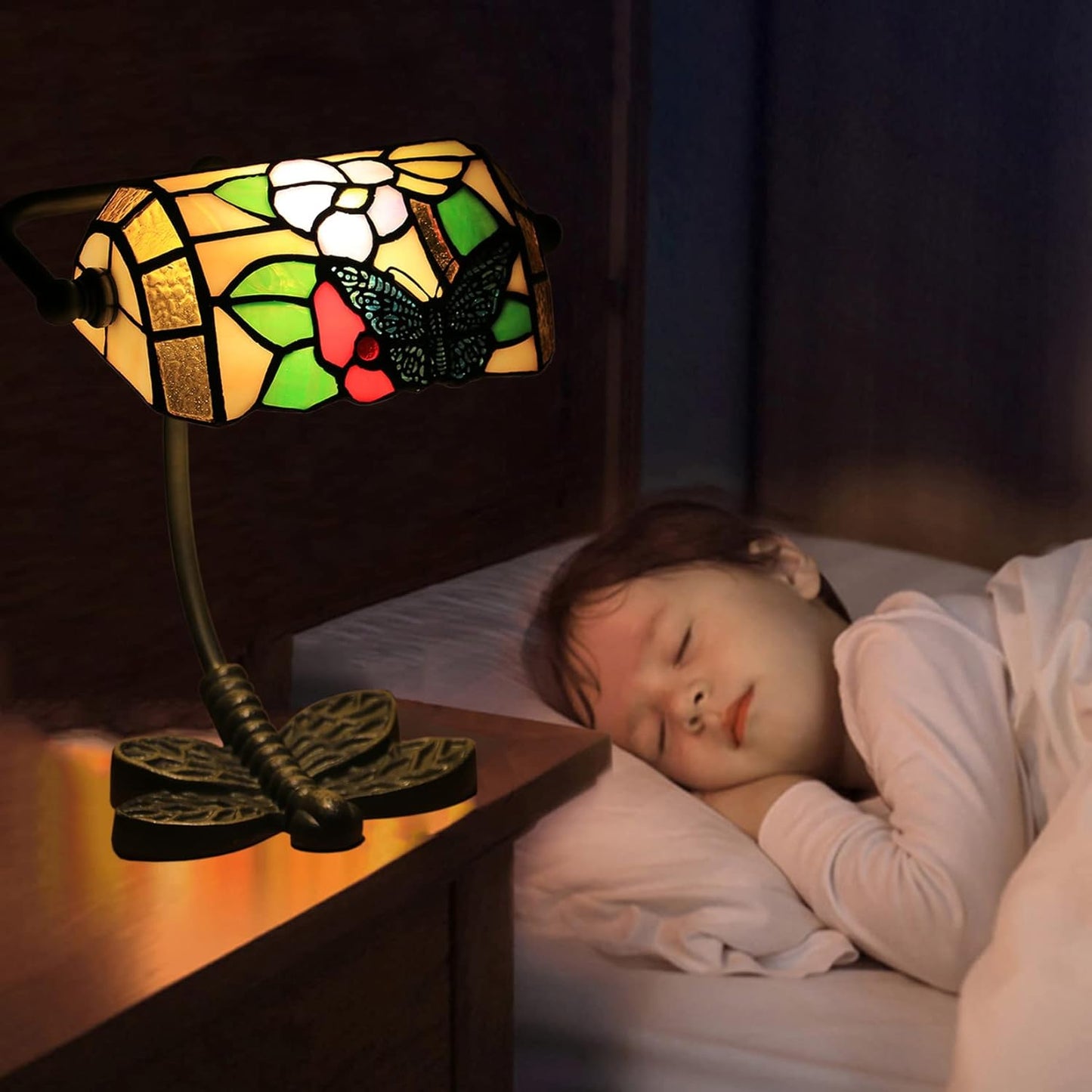 Mini Small Banker Lamp Tiffany Office Desk Lamp Stained Glass Table Lamp Luxury Memory Adjustable Accent Piano Reading Lamp for Living Room Bedroom Library Dragonfly Cast Iron Base,Butterfly