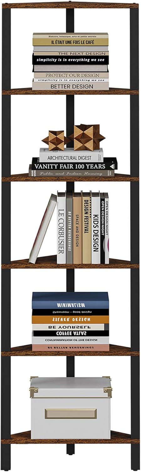 TUTOTAK Corner Shelf, 6-Tier Corner Bookshelf for Small Space, Narrow Display Corner Shelf Stand with Storage Rack, for Living Room, Bedroom, Rustic Brown BS05BB006