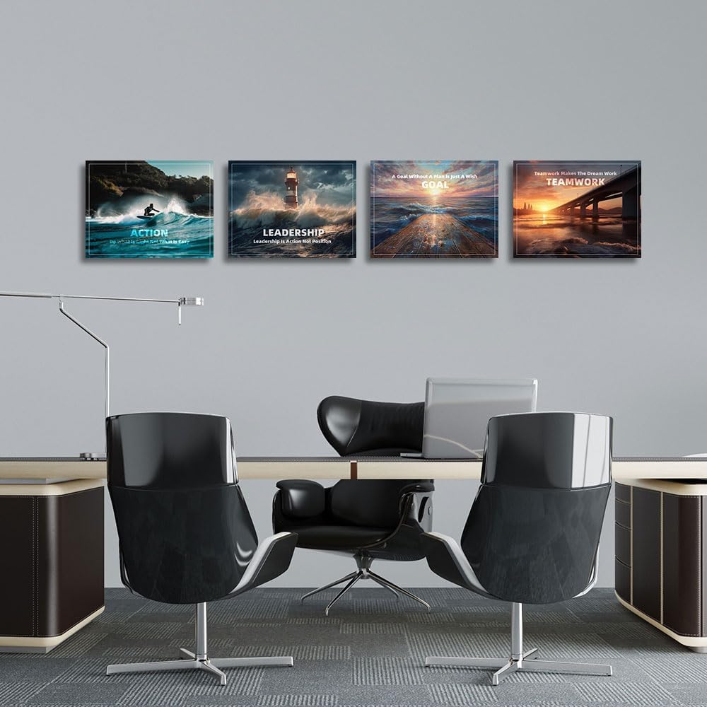 Inspirational Quotes Canvas Art, Motivational Decor Painting, Landscape - Suitable for Library, Office, Living Room - Tabletop/Hanging, 4-pack (29 x 38 cm) Framed