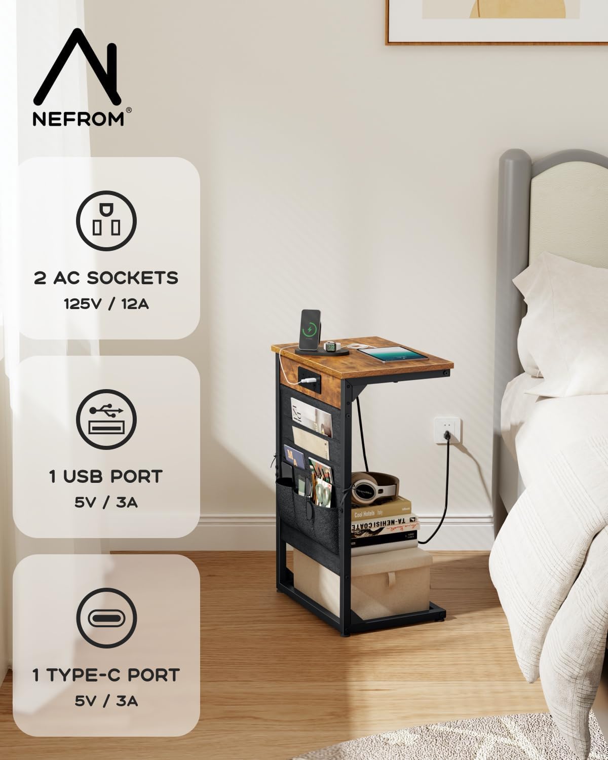 C-Shaped End Tables Set of 2, Small Couch SideTable with Fast-Charging Station, Sofa TV Tray Table with Storage Bag for Living Room, Bedroom, Bedside ET-BR-W2