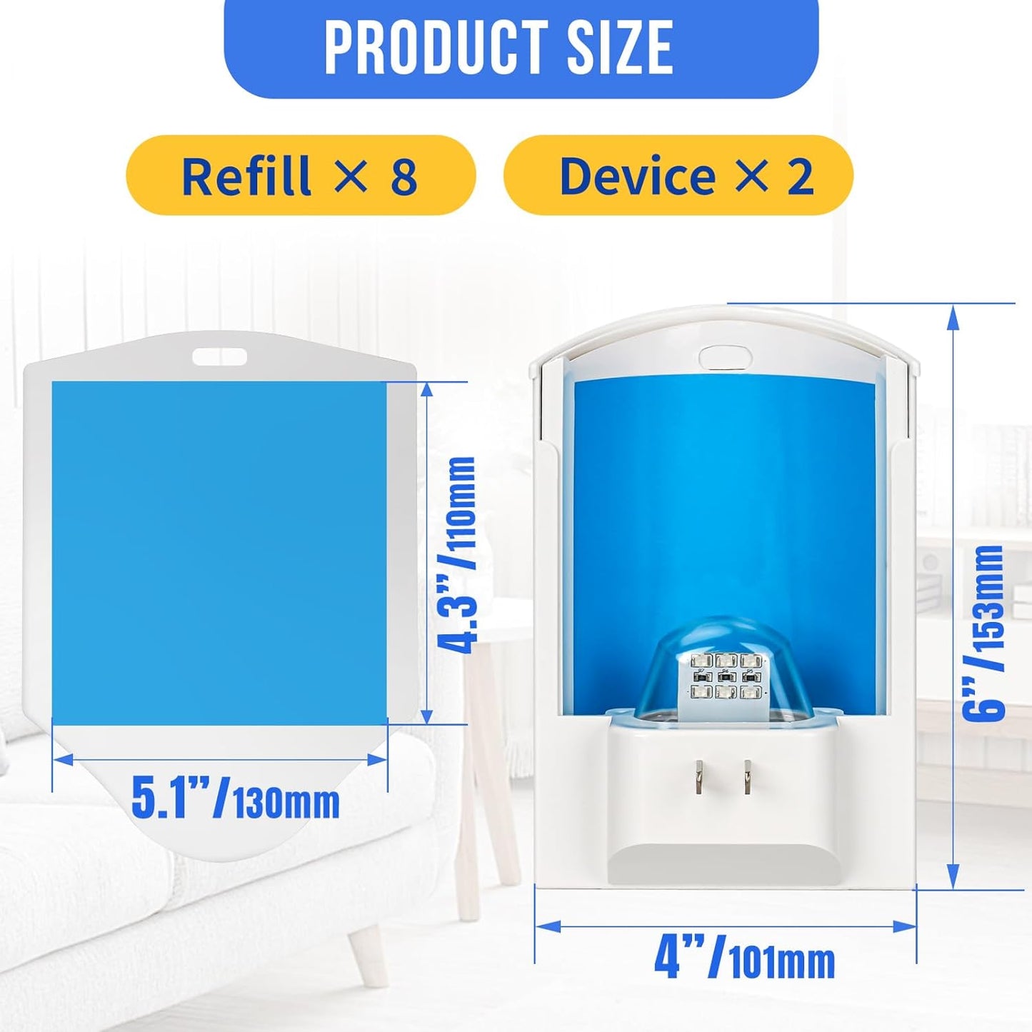 2 Pack Flying Insect Traps for Indoor, Plug-in Bug Catcher for Flies, Fruit Flies, Gnats, Moths, Noiseless for Home, 30-Day Glue Card Replaced (2 Devices & 8 Refills)
