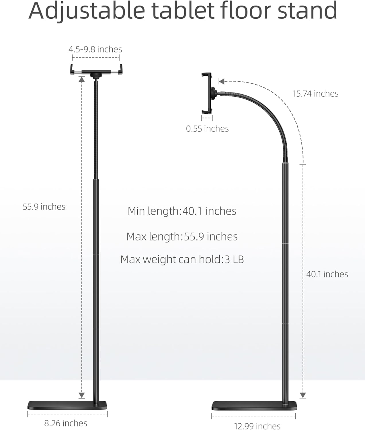 iPad Stand, Adjustable Tablet Floor Stand Metal Tablet Holder with Flexible Gooseneck, Compatible with iPad, Kindle, and Cell Phones (4.7''-13''), Ideal for Hands-Free Use