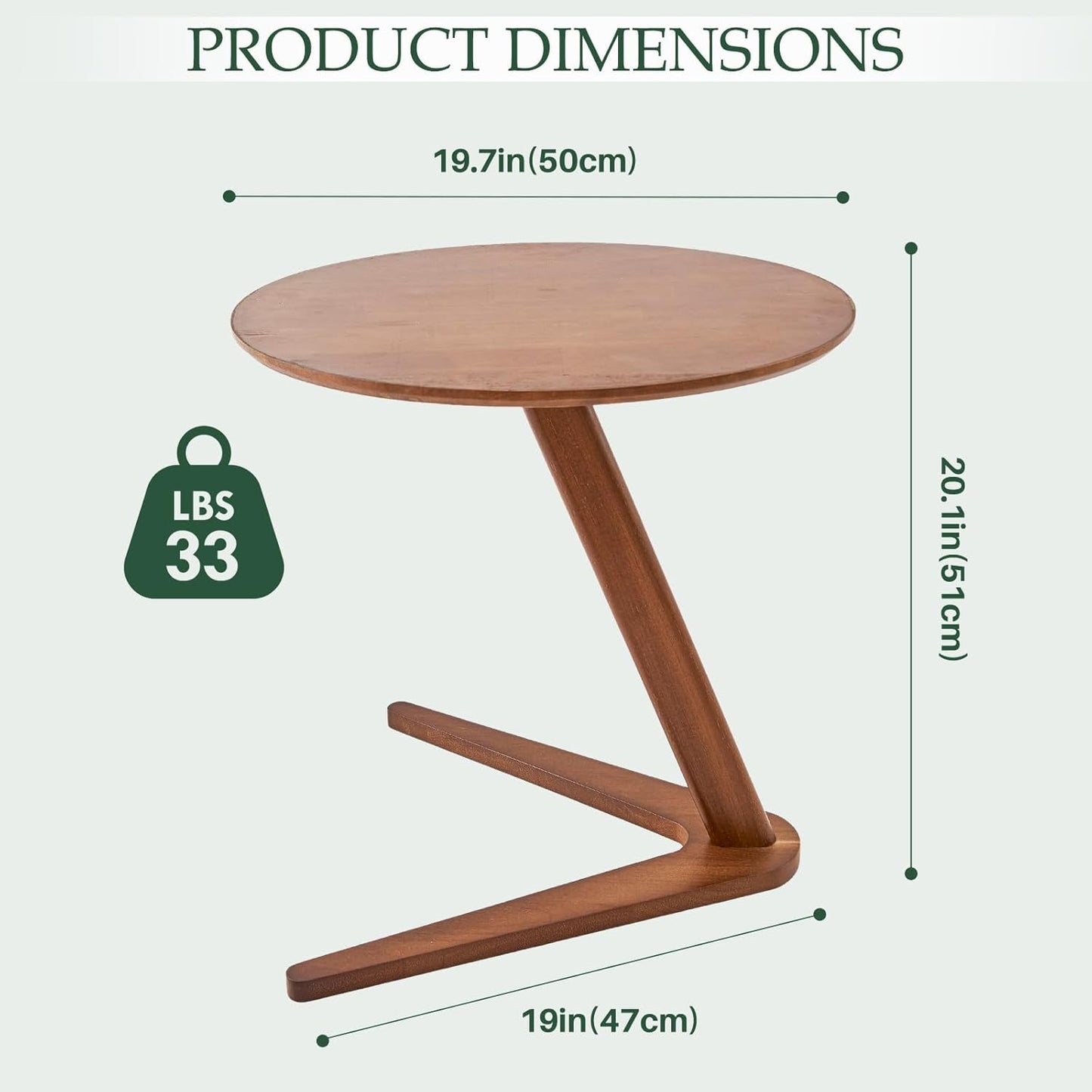 C-Shaped End Table for Couch - Solid Wood C Table for Sofa, Small Round Wooden Handmade Couch Tables That Slide Under Bedside Tray Side Tables for Living Room, Bedroom, Small Space, 19.7"