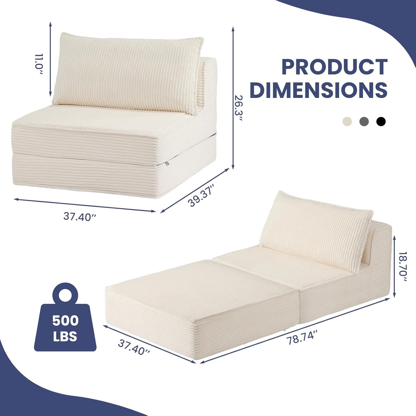 Folding Sofa Bed, Convertible Sleeper Chair with Pillow,Corduroy Comfy Floor Futon for Living Room Bedroom,No Assembly Required,Beige