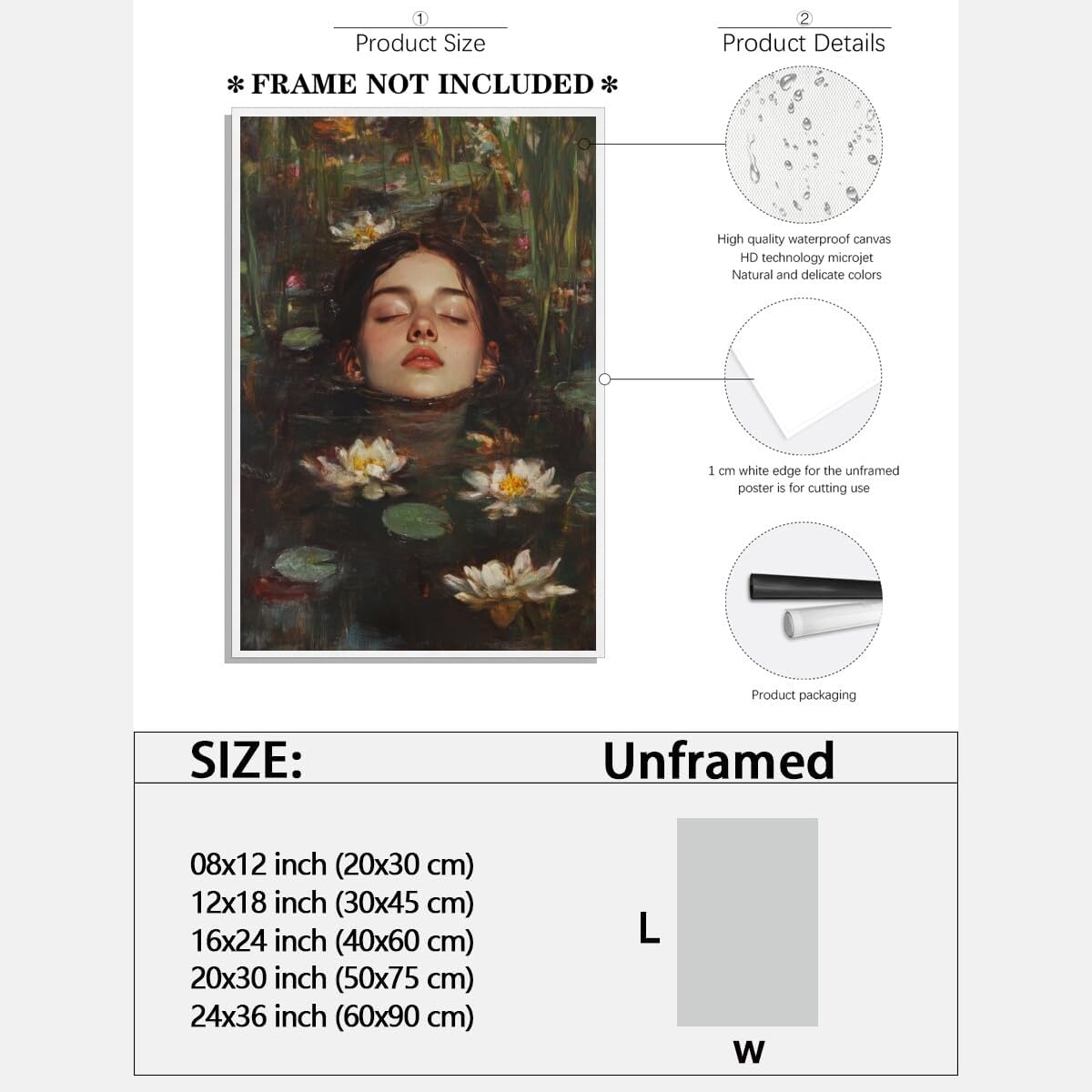Ophelia Into Lake Dark Academia Canvas Wall Art Moody Victorian Floral Print Gothic Occult Home Decor Antique Oil Painting Rustic Vintage Poster Cottagecore Aesthetic Picture 12x18inch Unframed