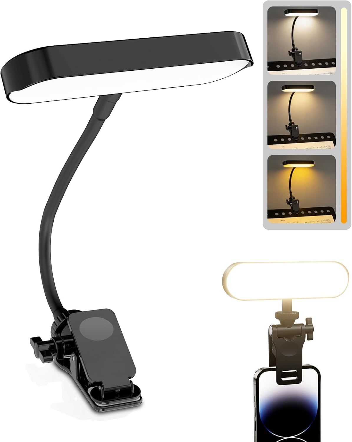 2in1 LED Book Light and Desk Lamp, Clip On Reading Light for Bed & Books, 7.9IN Flexible Gooseneck Video Conference Light, 3 Color Modes Dimmable, Rechargeable Lamp for Laptop, Phone, Study