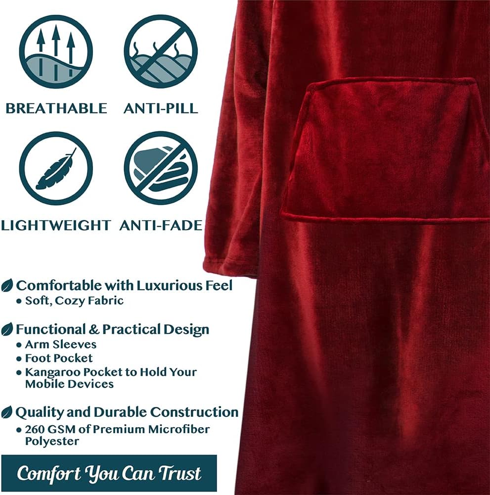 PAVILIA Fleece Blanket with Sleeves, Foot Pockets for Women Men Adults, Plush Wearable Blanket Throw Wrap, Warm Snuggle Blanket Robe, Cozy Gift Ideas Wife Mom, Burgundy Red