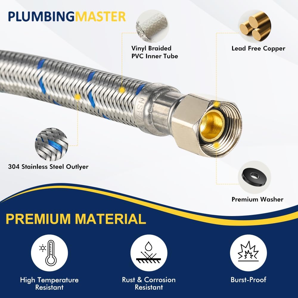 2 Pcs 12 Inch Faucet Supply Conector Extension, 3/8 OD Comp (Male) x 3/8 Comp (Female) Supply Line，Faucet Hose for Kitchen Bathroom