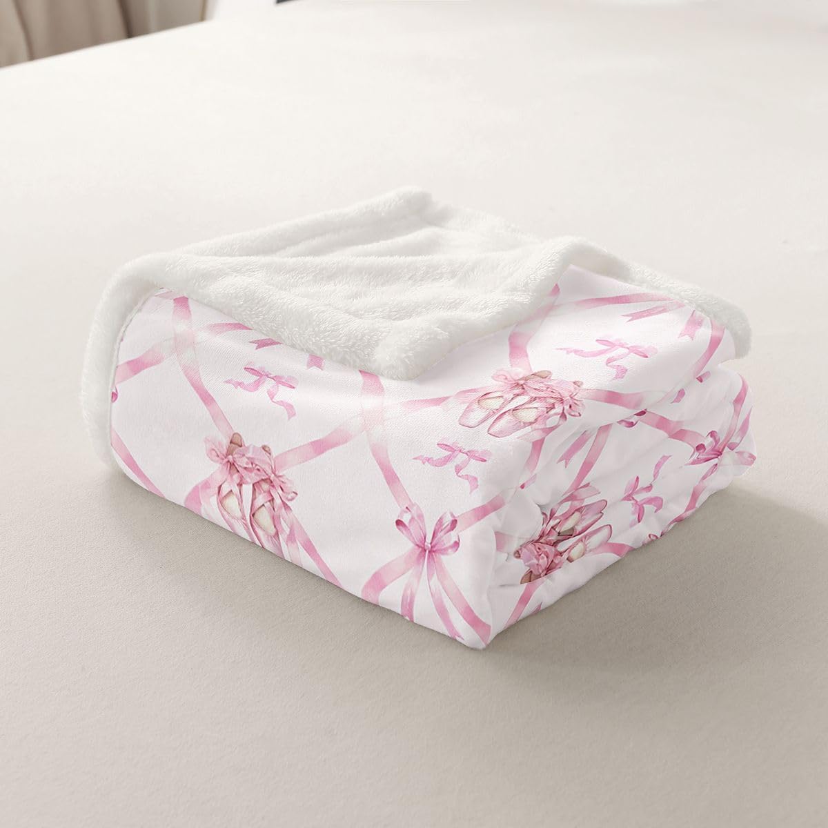 Feelyou Cute Pink Ballet Bow Throw Blanket Princess Bowknot Soft Fleece Sherpa Cozy Fuzzy Plush Warm Ribbon Bow Knot Fuzzy Plush Throw Baby 30"x40" for Bed Couch Living Room