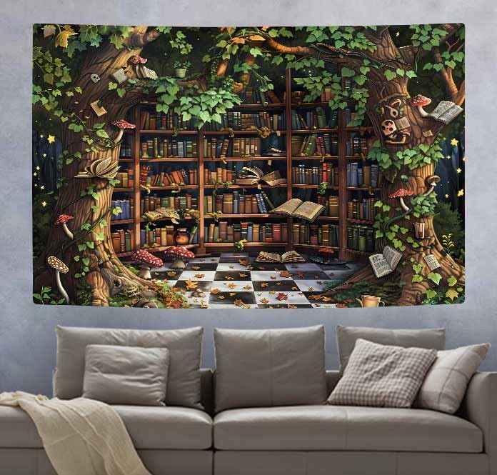 SHRAPHY Vintage Bookshelf Tapestry Dreamy Fairy Tale Wonderland Plants Forest Trees Tapestry Wall Hanging Vintage Medieval Library Books Tapestries for Bedroom 60x40 inches GTSXYUH006