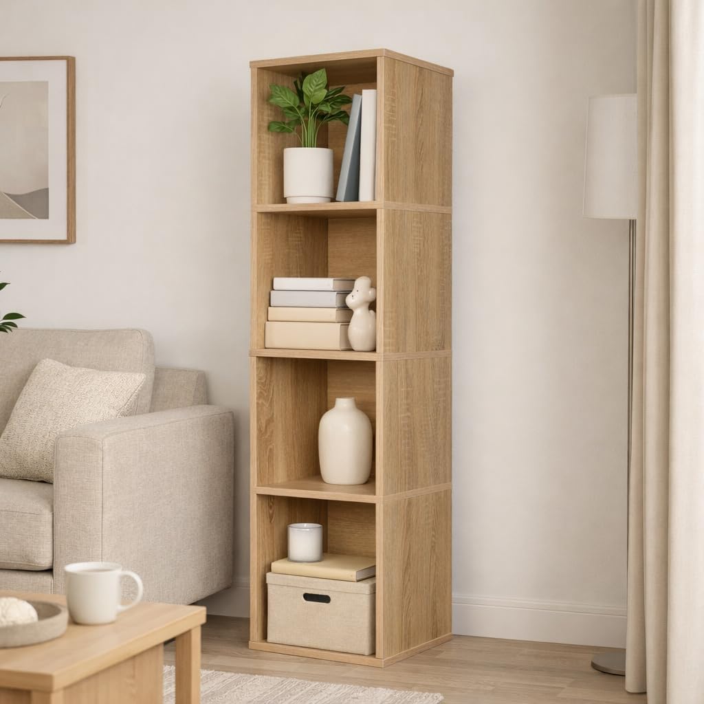 Cube Storage Organizer Wooden Bookshelf, 3 Tier Cube Shelf Bookcase, Small Bookshelf Storage Organizer, Narrow Cube Storage Shelf for Bedroom, Small Bookshelf for Living Room and Office (4 cube)