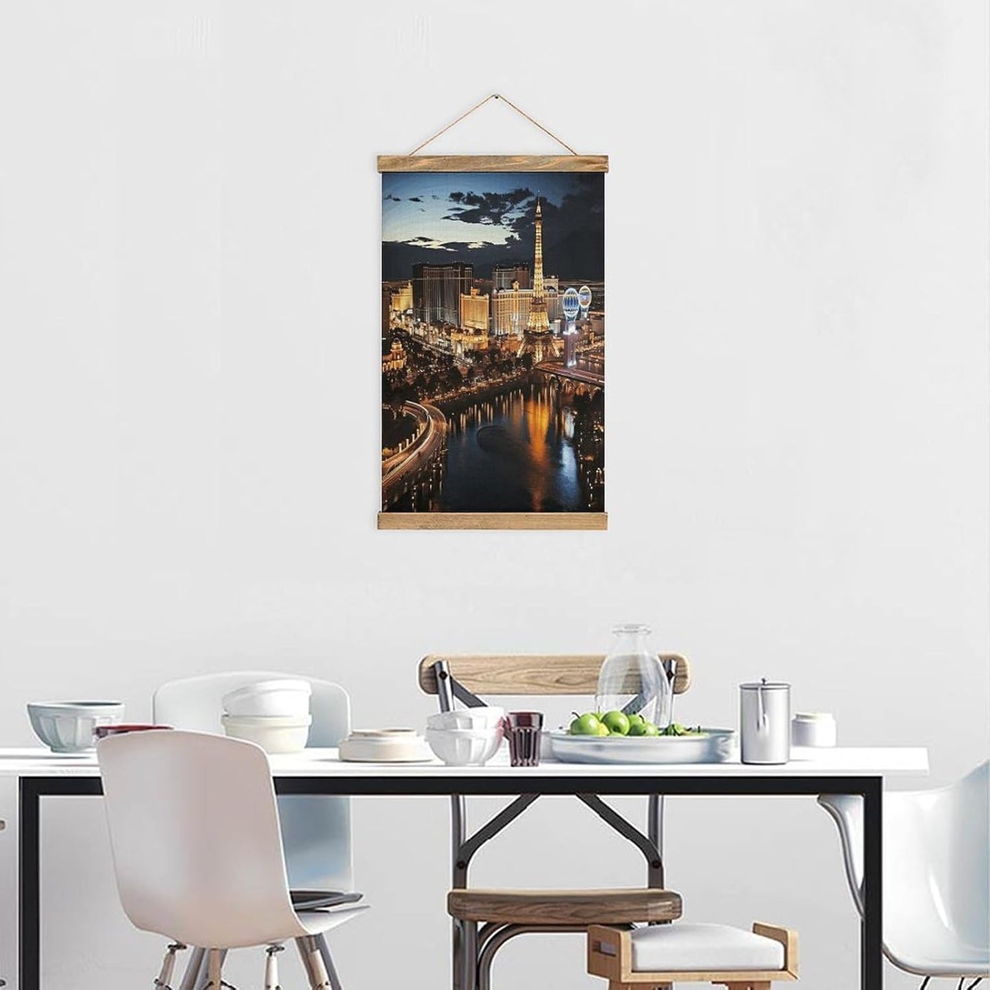 Vintage Las Vegas Night View Poster with Wooden Frame Personalized Linen Hanging Scroll Painting Rustic Wall Hanging Illustrative Modern Artwork Decor for Home Living Room Bedroom Office