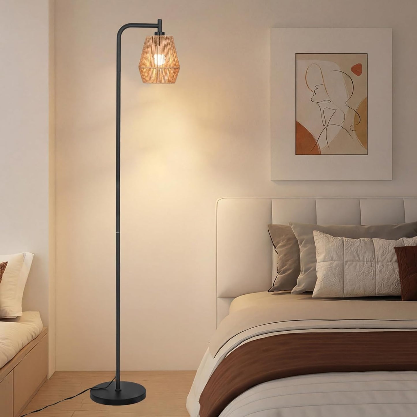 Rattan Floor Lamps for Living Room,Boho Floor Lamp with 3 Color Temperatures,Farmhouse Standing lamp with Hand-Worked Wicker shade,Black tall light for Bedroom,Office,Corner(9W LED Bulb Included)