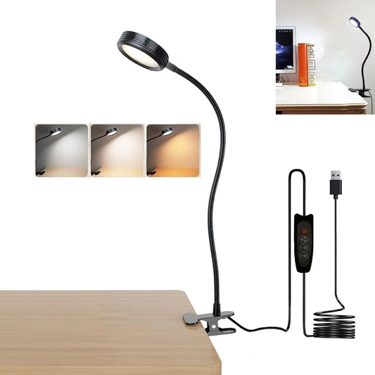 USB Clip-On Desk Lamp with 3 Color Modes, Adjustable Brightness, Flexible Gooseneck, 1 Minute Timer, Book Light for Kids Reading Book in Bed at Night Clip on Table, headboard, Dorm, Black