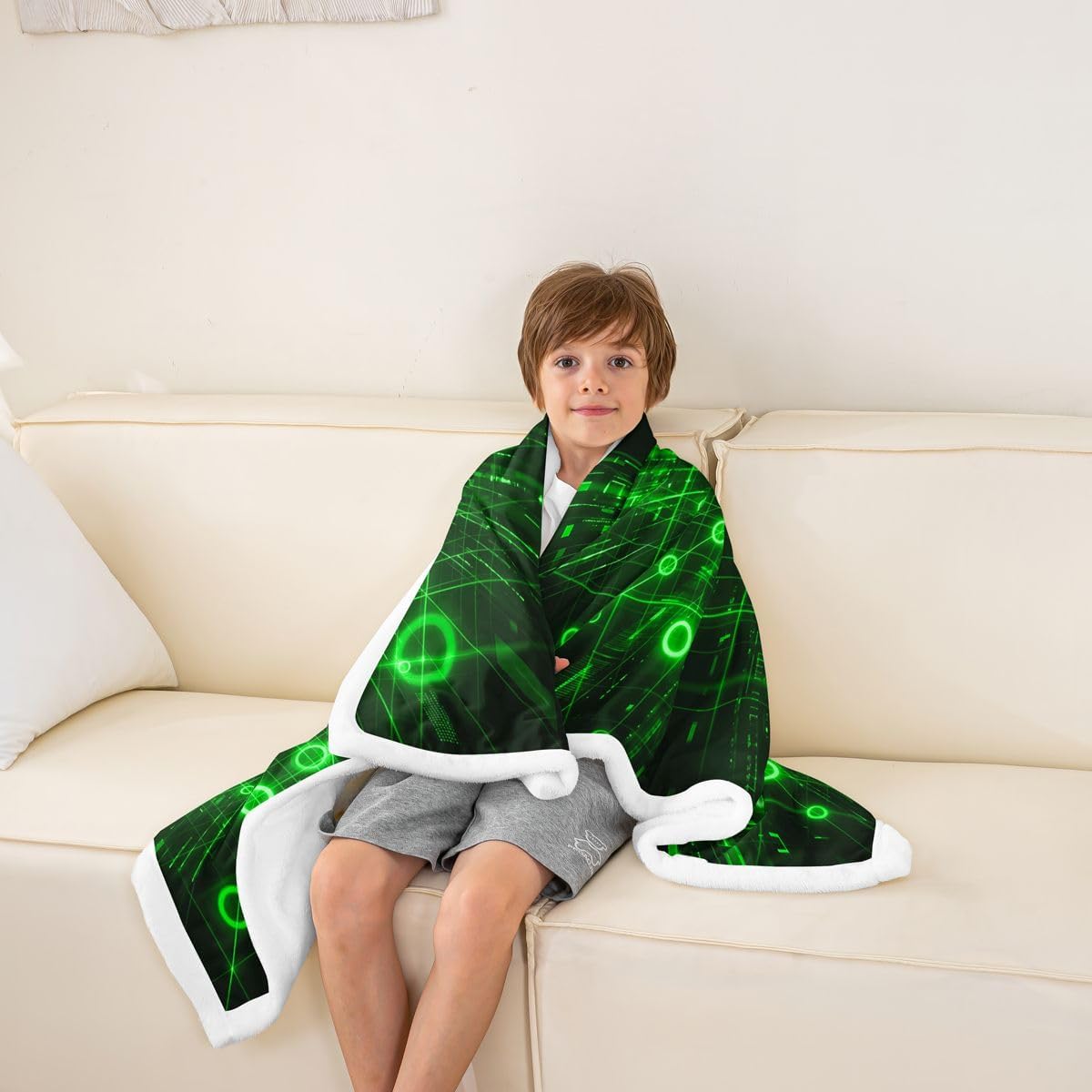 Feelyou Green Black Sherpa Throw Blanket for Couch Geometric Super Soft Cozy Fleece Abstract Blanket for Winter, Plush Throw Baby 30"x40" All Season