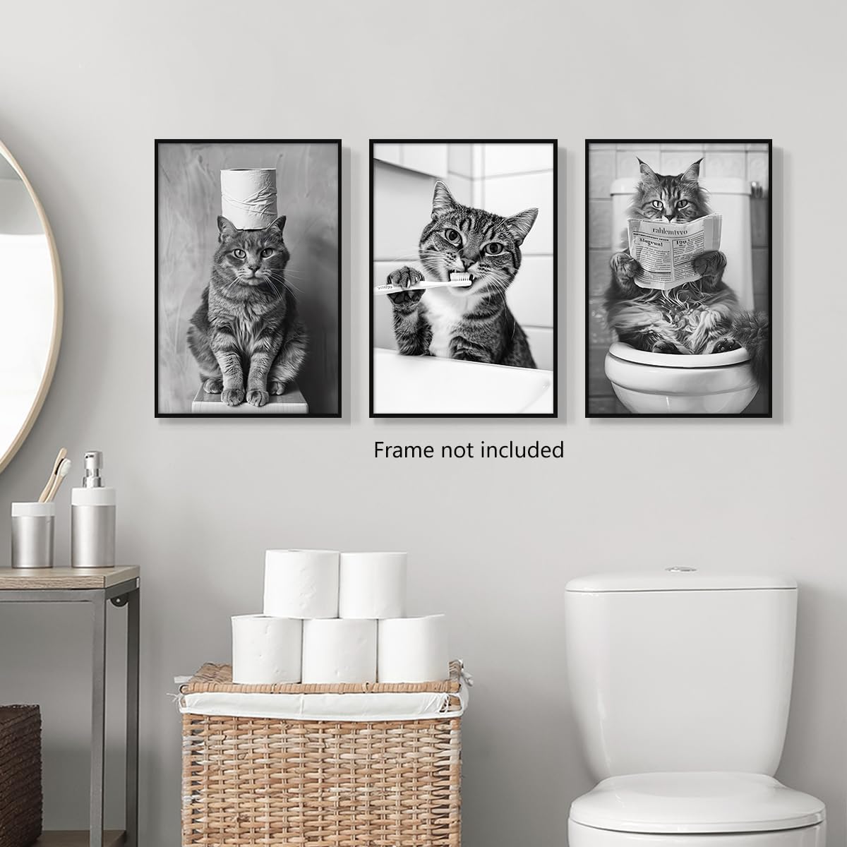 sdgobvco Cat Bathroom Canvas Wall Art, Set of 3 Black and White Funny Animal Bathroom Poster, Cute Cat Reading Newspaper on Toilet Brushing Teeth Pictures Wall Decor for Guest Room 8x12in Unframed