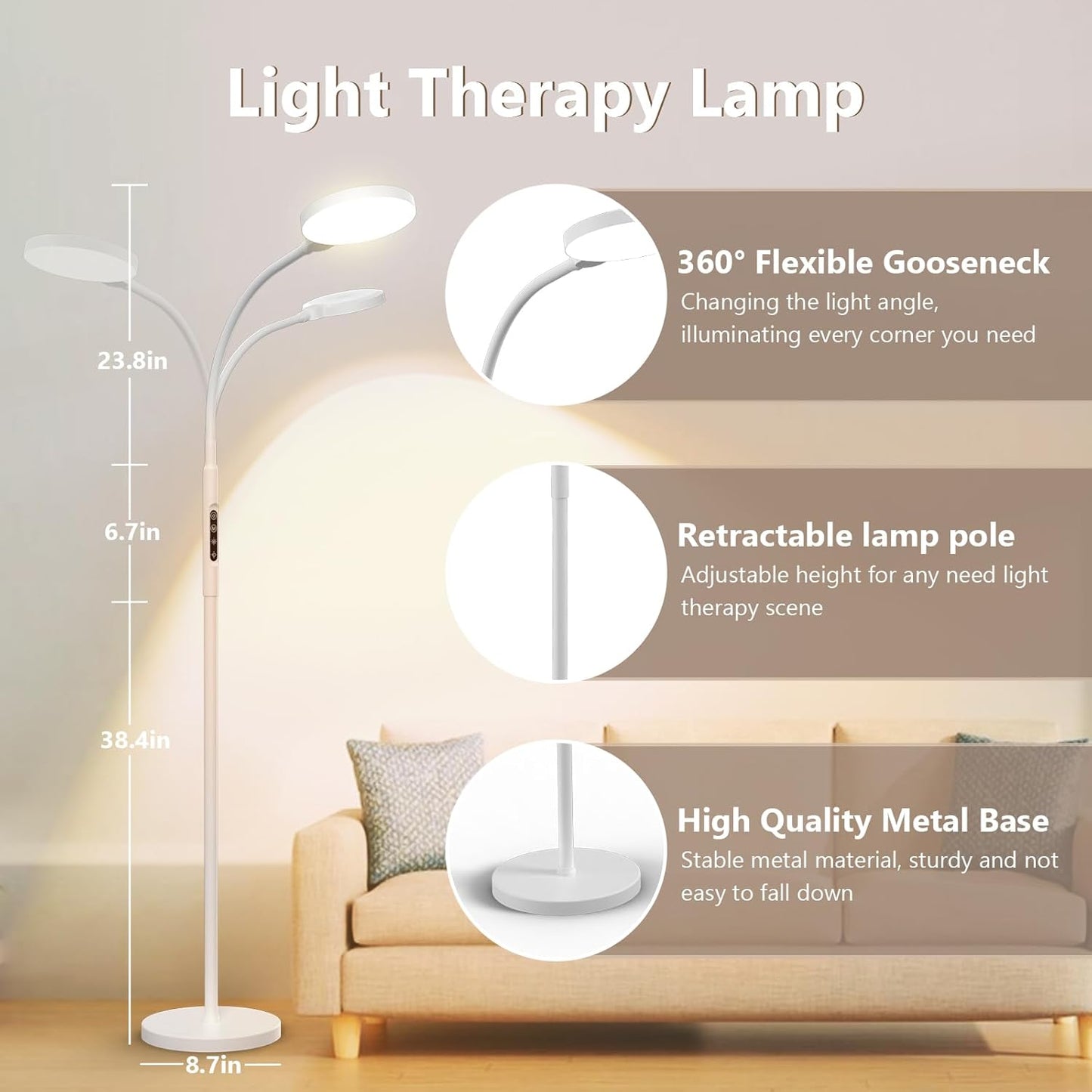 Daylight Floor & Desk Lamp – 11,000 Lux UV-Free Full Spectrum Light, 5 Color Temperatures & 10 Brightness Levels, 360° Adjustable Gooseneck Lamp for Home Office, Bedroom & Reading (White)