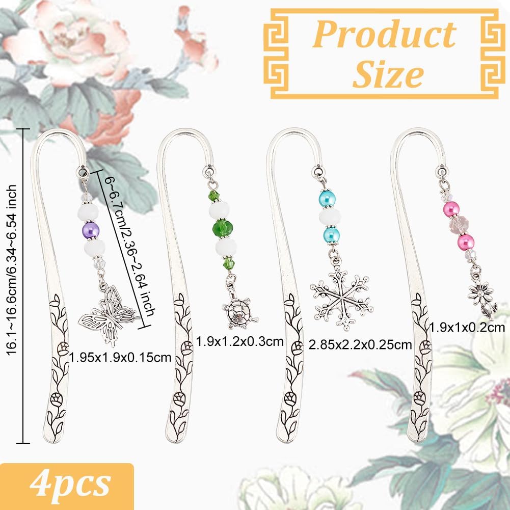 OLYCRAFT 4Pcs Hook Alloy Bookmarks Glass Beaded Bookmark Antique Silver Metal Bookmarks Vintage Bookmark with Butterfly/Flower/Tortoise/Snowflake Pendant for Book Lovers - About 6.5 inch