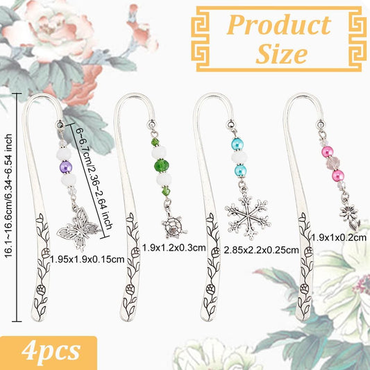 OLYCRAFT 4Pcs Hook Alloy Bookmarks Glass Beaded Bookmark Antique Silver Metal Bookmarks Vintage Bookmark with Butterfly/Flower/Tortoise/Snowflake Pendant for Book Lovers - About 6.5 inch