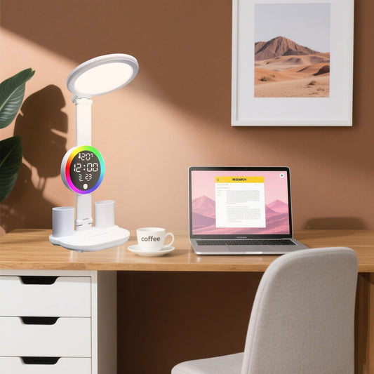 Led Desk Lamp, Desk Lamp with Usb Charging Port, Dimmable 3 Colorful Lights, Adjustable Folding with Clock Date, Pen & Phone Holder, Temperature, Home Office Bedroom Reading Study Work (White)