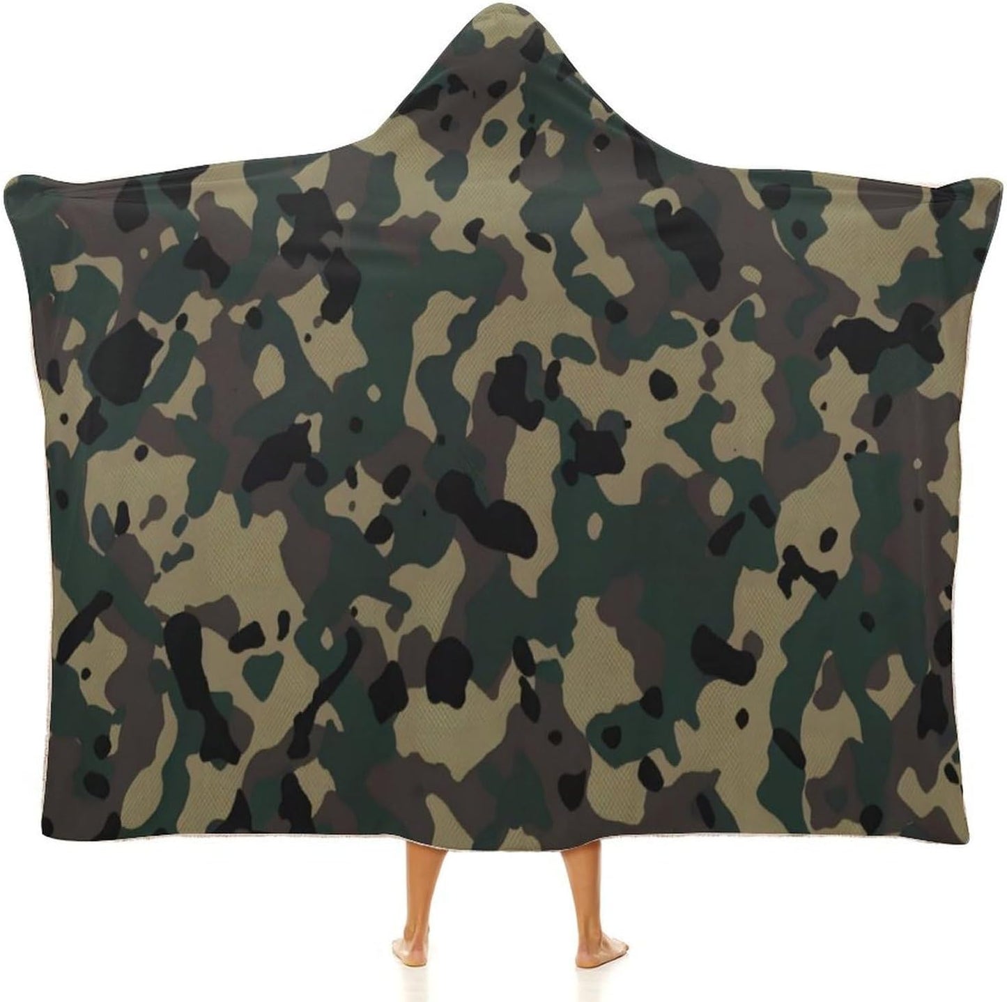 Camo Hooded Blanket, Camouflage Wearable Blanket for Camping Traveling Couch Bed, Forest Hunting Camo Throw Blanket