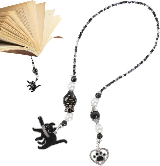Black Cat Beaded Bookmark - Fantasy Cute Cats Crystal Bead Chain Bookmark, Catchain Pendant, Book Marks Gifts for Books Lovers Students Teacher Office School Supplies