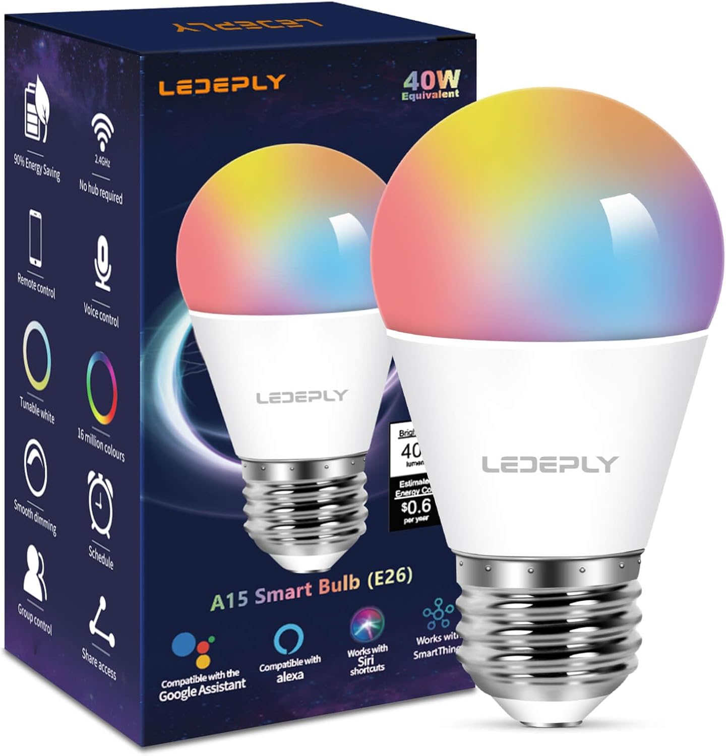 5W=40W, A15 Smart Bulb, Compatible with Alexa, Google Home, E26, Color Changing, Dimmable LED WiFi Light Bulbs, No Hub Required, 2.4GHZ WiFi Only, 400lm, 1 Pack