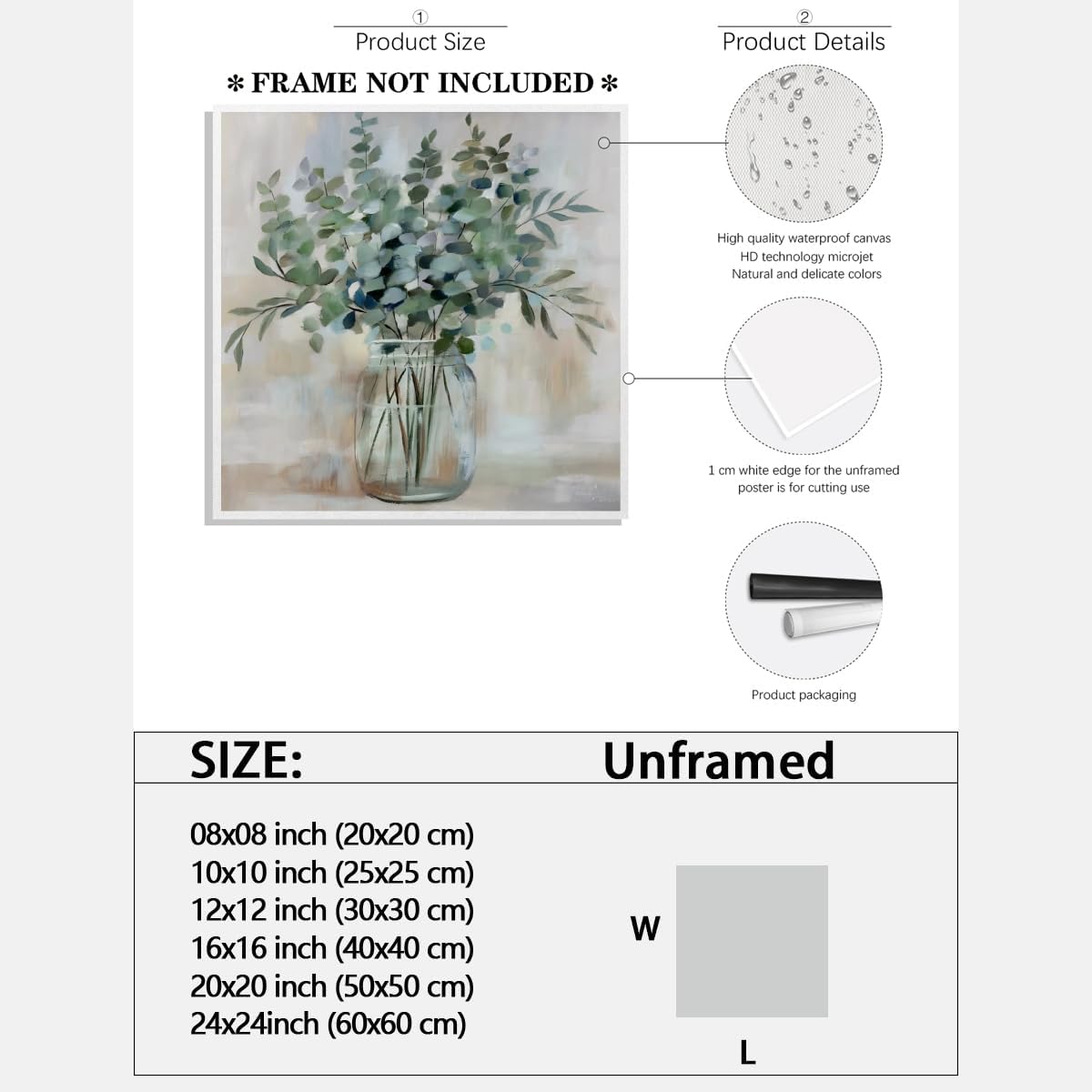 Soothing Eucalyptus Flower Wall Art Herb Floral Arrangements Painting Canvas Print Abstract Neutral Plant Vase Botanical Poster Decor for Kitchen Bedroom Living Room Bathroom 12x12inch Unframed