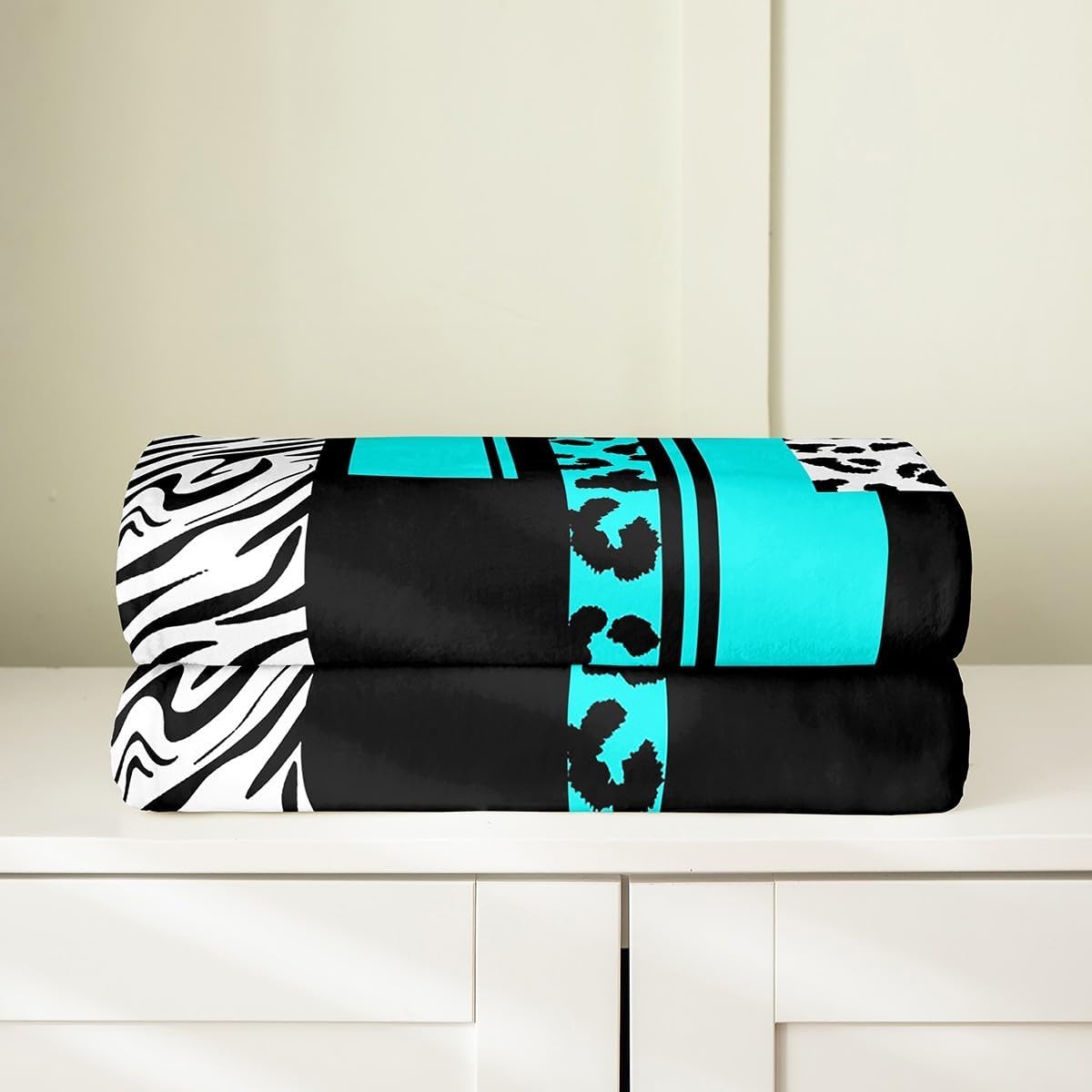 Feelyou Leopard Zebra Plush Throw Blanket, Throw 50"x60" Kids Cheetah Teal White Black Flannel Fleece Blanket for Teens Animal Print All Season,Bed Blanket Breathable Safari Geometric Room Decor