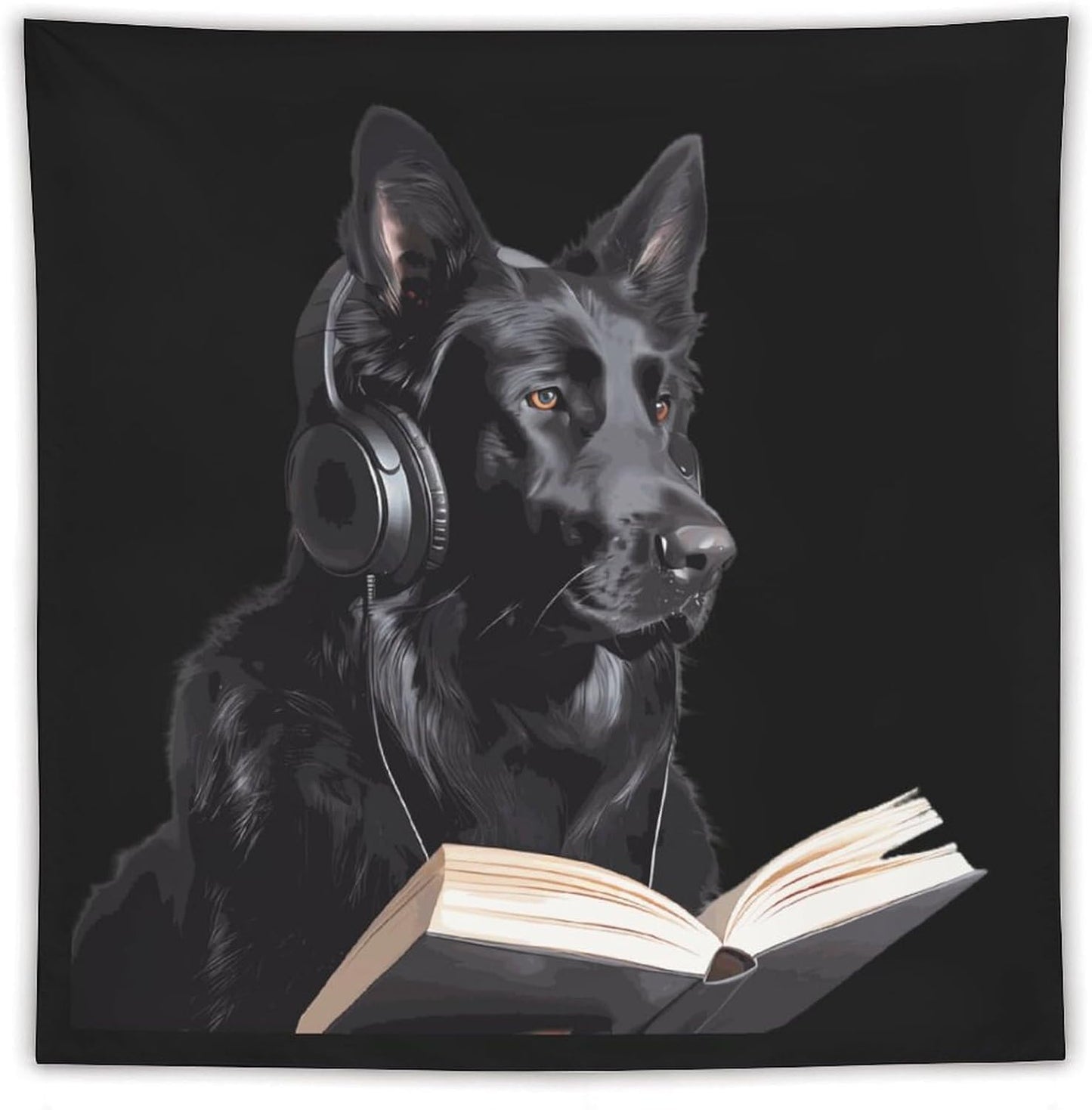 German Shepherd Wearing Headphones Reading Funny Tapestry Wall Hanging Aesthetic Blanket Room Decoration for Picnic Beach Mat